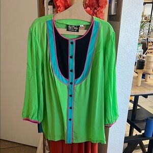 Bob Mackie Vibrant Green Blouse with Pink and Black Accents